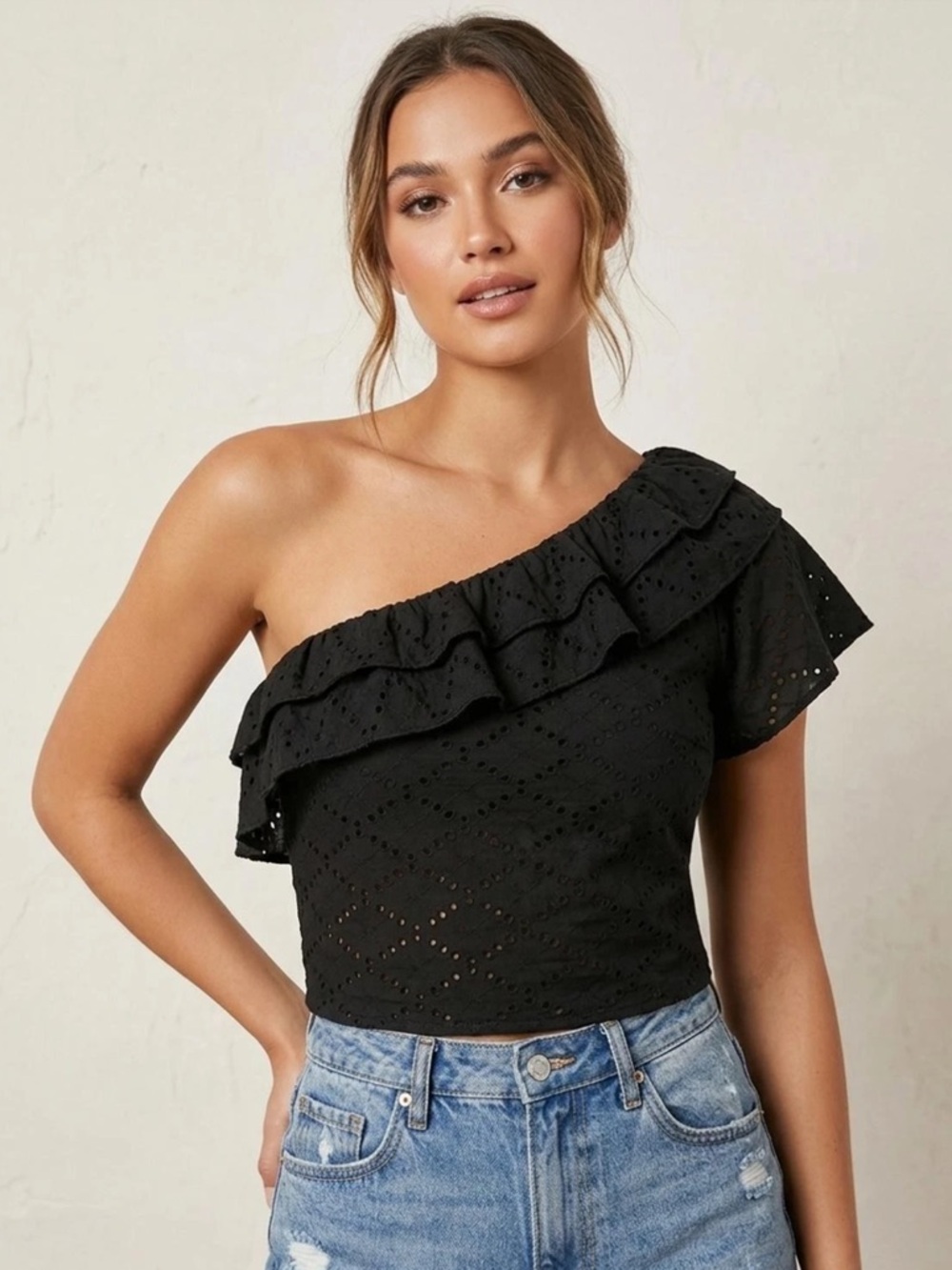 Zara Eyelet One-Shoulder Ruffle Crop Top
